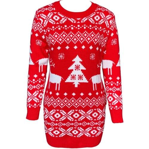 Woman Christmas Print Autumn Winter Warm Dress Ladies Knitted Long Sleeve Round Neck Dress Snowflake Pullovers Short Dress