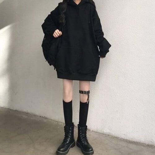 Harajuku Sweatshirt Hooded women itself winter loose Punk Gothic wind black zipper off-shoulder long-sleeved худи женские hoodie
