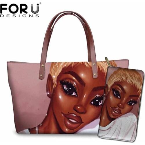 FORUDESIGNS Women Summer Beach Bags for Black Art African Girls Printing Handbags Ladies Fashion Totes&Purse Set Sac Main Femme
