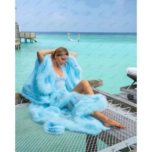 Womens Feathers Bridal Robe Wedding Scarf Long Bridal Boudoir Robe Evening Gown Bathrobe Fur Trim Costume Homecoming Party Gown