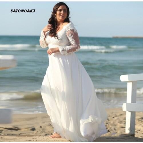 Beach Long Sleeve Wedding Dress 2020 for Women Robe Mariage Vintage Chiffon Bride Appliques Lace Vestidos Online Shop India