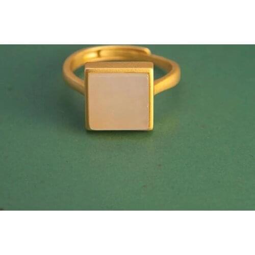 S925 Sterling Silver Gilding Ring Natural Hetian Jade White Jade Ring Creative All-Match High-Grade Square Simple Ornament for