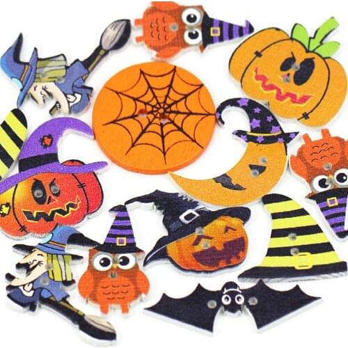 50Pcs Halloween Wooden Buttons For Children Decorative Buttons For Clothes Pumpkin Witch Owl Bats Shape Sew Crafts Scrapbooking