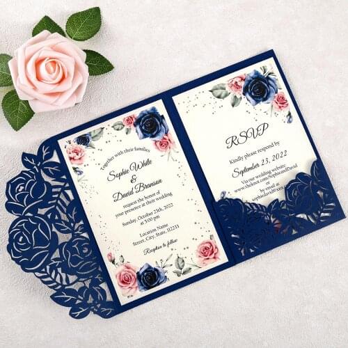 50pcs Navy Blue Laser Cut Wedding invitations Customized Printing Cards for Wedding (5 Colors)