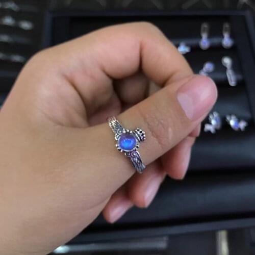 925 Sterling Silver Wings Round Shape Crown Natural Dazzling Monstone Jewelry Ring