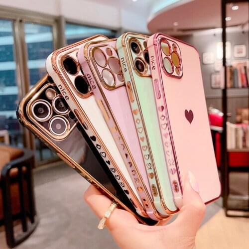 Phone Case For iPhone 12 Mini 11 Pro X XR XS Max 7 8 Plus SE 2 Luxury Cute Side Pattern Electroplated Love Heart Soft TPU Case