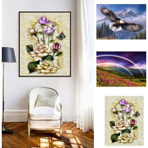 Hot Fashion Flying Eagle Rainbow Flower Cross Stitch Embroidery Decor Full Diamond Painting