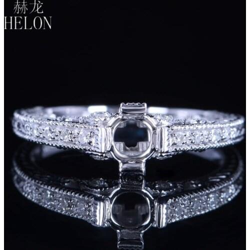 HELON Round Cut 4.5-5mm Solid 14K White Gold Natural Diamonds Vintage Antique Jewelry Semi Mount Engagement Wedding Ring Setting