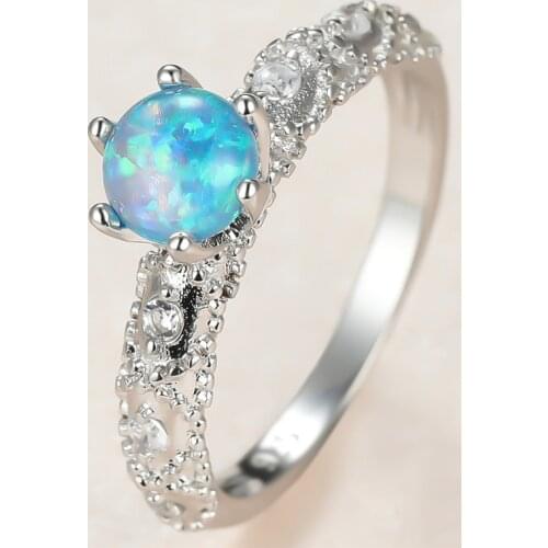 Dainty Female Blue Opal Stone Ring Charm Silver Color Thin Wedding Rings For Women Vintage Bride Crystal Round Engagement Ring
