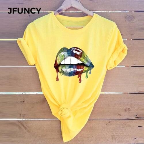 JFUNCY Plus Size Women T Shirt New Lips Print Summer Tees Woman Tops Short Sleeve Casual T-shirts 100% Cotton Female Tshirt