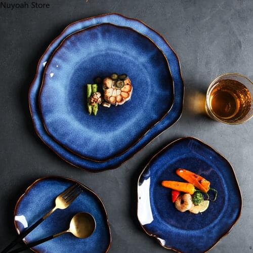 European Retro Ceramic Plate Household Blue Special-shaped Breakfast Plate Irregular Steak Plate Kitchen Tableware Dinner Plate