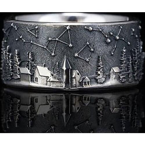 Retro Ancient Silver Color Carved 12 Constellation Animal Tree House Alloy Female Ring for Women Party Jewelry Gift Size 6-10