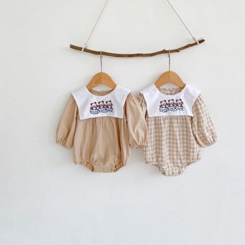 Koodykids Autumn Baby Girls Plaid Embroidery Vintage Bodysuits Toddlers Girls Cotton Rompers Quality Girl Outfits Rompers Spring