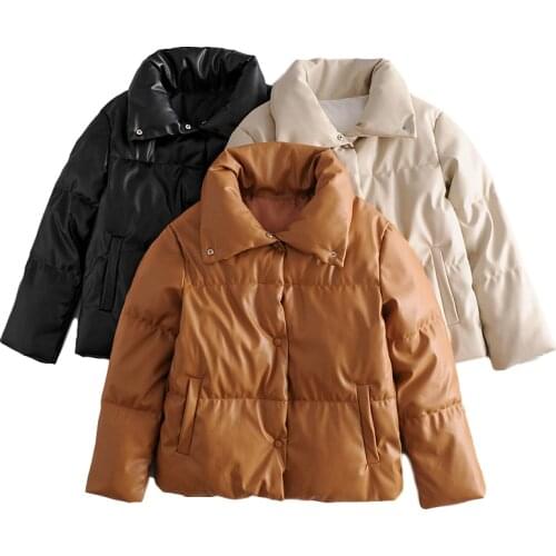 Nice Loose Women Faux Leather Cotton Padded Parkas New Winter Vogue Ladies Stand Collar Warm Jackets Female Thick Coats Chic