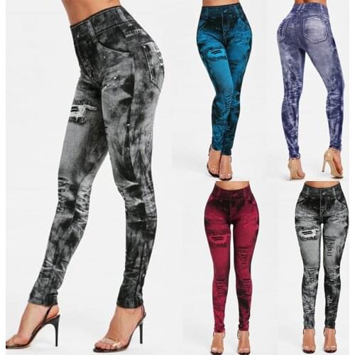 Sexy Elastic Imitation Faux Jeans Leggings High Waist Pants Fitness Slim Leggins Mujer 2021 Sport Push Up Leggings For Women Hot
