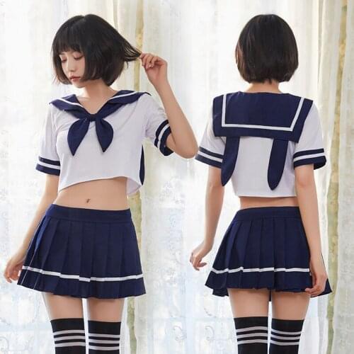 Cute Japan Style Student Sailor Uniform Suit Girls Rabbit Ears Sailor Collar Tops Pleated Skirt Midriff Costume