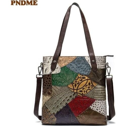 Fashion retro genuine leather tote bag casual real cowhide handbags multi-color stitching shopping bag work laptop shoulder bag