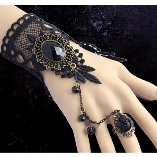 New Arrival Vintage Black Lace Flowers Fingerless Bridal Gloves+Alloy Ring/Bridal Bracelet 1143