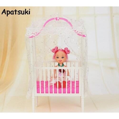 Plastic Small Sweet Baby Crib For Barbie Doll House Furniture For 1/12 Kelly Dolls Baby Bed Doll Accessories
