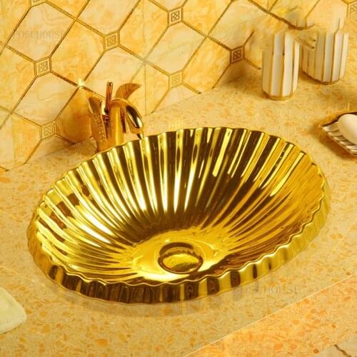 Light Luxury Semi-recessed Bathroom Sinks Household Ellipse Wash Basin Bathroom Fixture Creative Golden Faucet Washing Sink