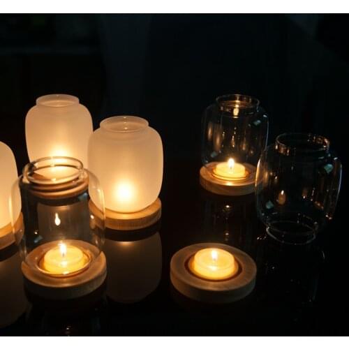 Glass candle holder with wood pad glass cover wood stand simple home decor party wedding decoration candle stand