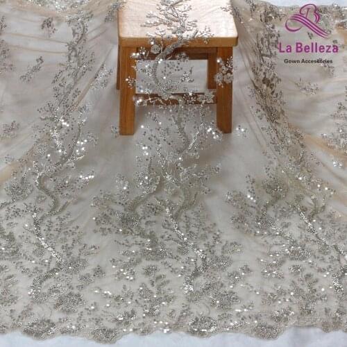 Wedding dress lace fabric off white /silver beaded sequins lace fabric 1 yard