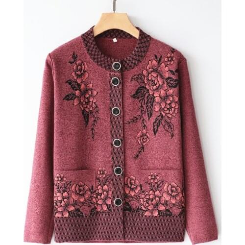 Womens Sweater Middle-aged Mom Wear Round Neck Single Breasted Knit Sweater Ladies Cardigan Jacket Spring Autumn Sweater Coat