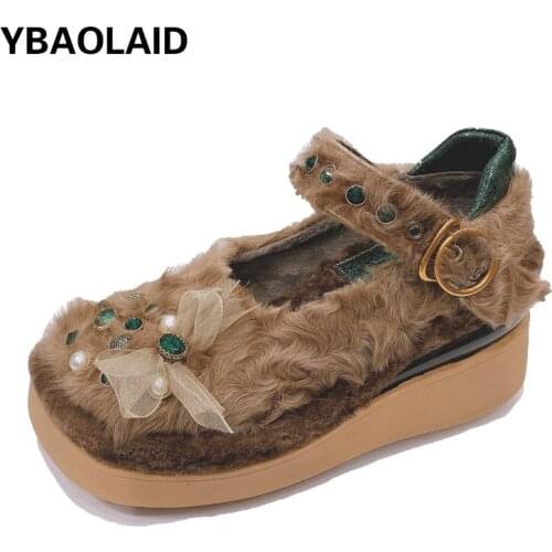 Bowknot Rhinestone Wedges and Velvet Shoes for Fall/winter New Style Lamb Hair Rivets A Pedal Cotton Shoes Thick-soled Fur Shoes