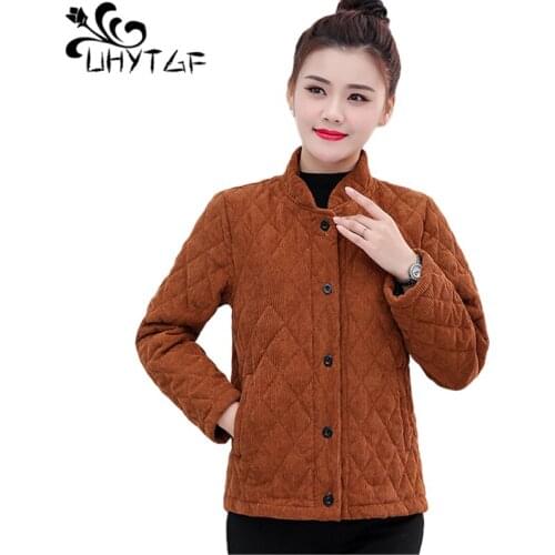 UHYTGF Corduroy Winter Jacket Women Fashion Single-Breasted Casual Warm Short Cotton Coat Korean Loose Plus Size Outerwear 1444