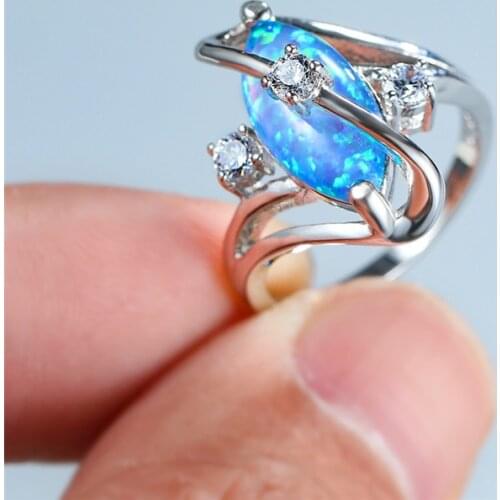 Vintage Female Blue Opal Stone Ring Classic Silver Color Thin Wedding Rings For Women Cute Crystal Leaf Engagement Ring