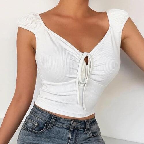 Summer Basic Rib Knit T-shirt Drawstring Ruched V-neck Short Sleeve Slit Fit Crop Top Women Casual Black White Tee Shirt 2021