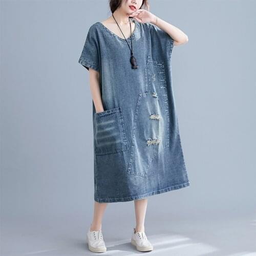 #0403 Summer Denim Dress Women V Neck Holes Vintage Patchwork Big Pockets Ripped Jeans Plus Size Loose Retro Dresses Ladies