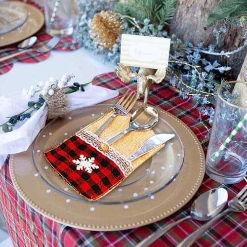 12Pack Navidad Christmas Silverware Cutlery Pouch Knifes Forks Bag Jute Utensil Holders New Year Party Tableware Decorations