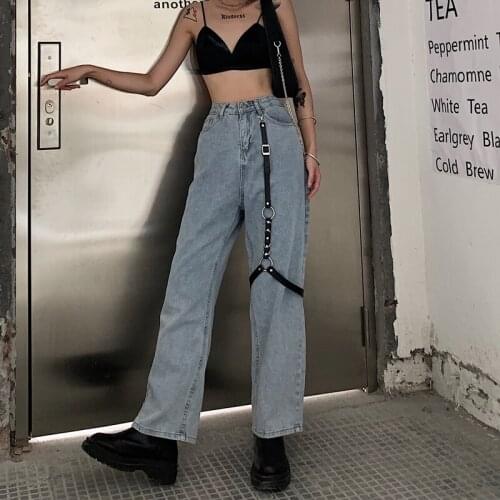 2021 New Baggy High Waist Womens Streetwear Light Colour Straight Pants Harajuku Fashion Denim Trouser (Black Leather Buckle)