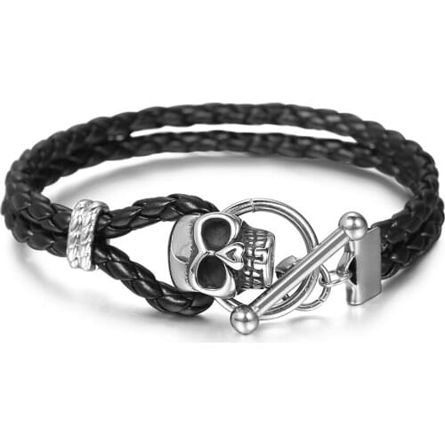 2021 Trend Men Leather Bracelet Stainless Steel Skull Ghost Head Charm Toggle Clasp Bracelet & Bangle Punk Male Jewelry DLB199