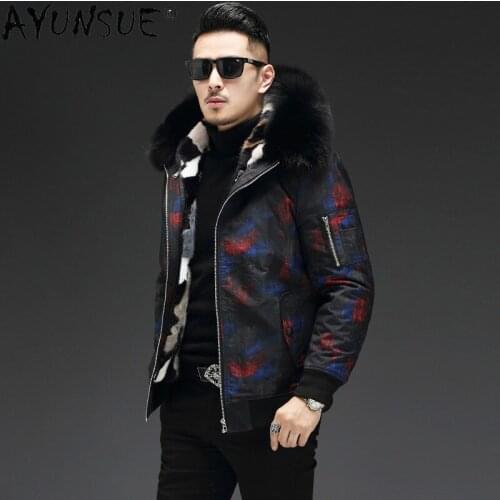 AYUNSUE 2020 Real Fur Coat Men Parkas Winter Jacket Men Mink Fur Liner Fox Fur Collar Hooded Short Warm Mink Coats 19-1013 KJ