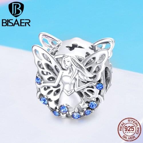 BISAER 925 Sterling Silver Elf Lucky Forest Fairy Angel Charms Beads fit Bracelet Silver 925 Beads for Jewelry Making EFC027