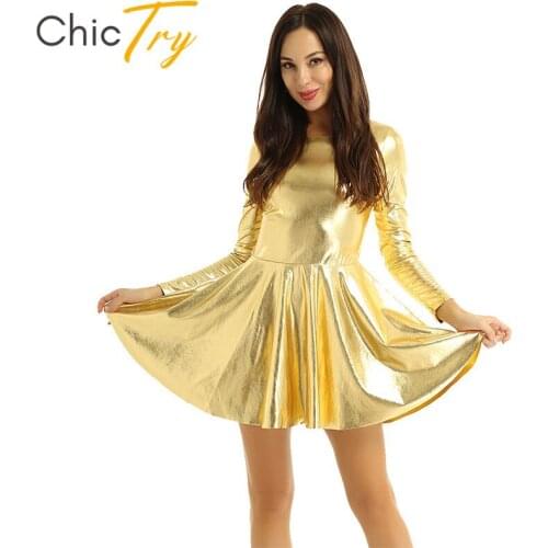 ChicTry Women Shiny Metallic Solid Color Long Sleeves A-line Dresses Club Party Stage Performance Jazz Dance Dress Rave Costume