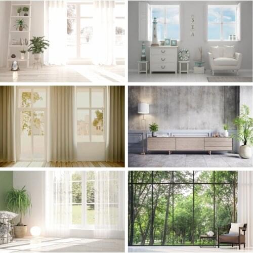 Laeacco White House Room Interior Decor Curtain Window Green Forest Photography Backdrops Photo Backgrounds For Photo Studio