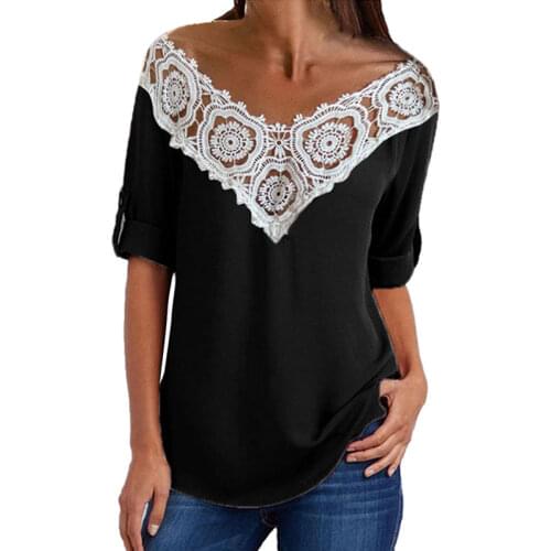 T Shirt Lace Patchwork Womens V Neck Zipper Short Sleeve Casual Tops Black Harajuku Loose Vintage Female Tee Streetwear Clothes