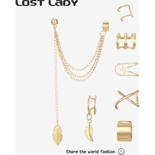 Lost Lady Fashion Ear Cuffs Set For Women Gold Color Chain Fake Cartilage Earring Female No Piercing Clip Earrings Set Jewelry