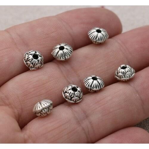 Antique Silver Plated Lotus Flower Round Spacer Loose Beads for Jewelry Making Bracelet Necklace Accessories 8mm 20pcs
