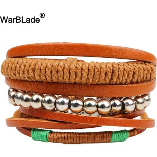 WarBLade Fashion Genuine Wrap Leather Bracelets Men Cross Wood Beads Bracelets Punk Cuff Wristband For Women Jewelry 4pcs/Set