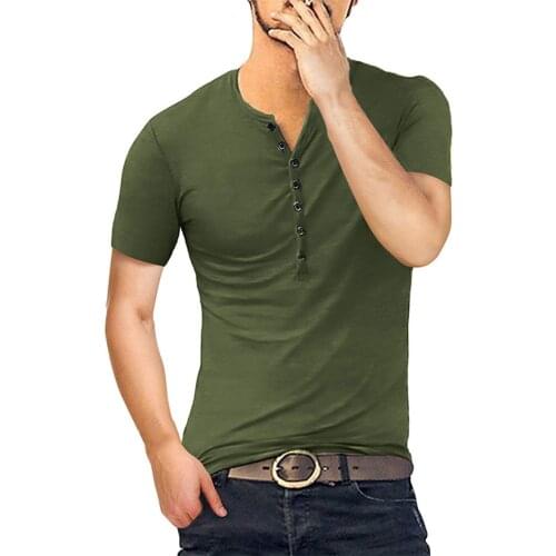 Men Casual Slim Fit Shirt Short-sleeved Solid Color Polo T-Shirt Summer Casual Slim Short-sleeved T-shirt Henry Shirt