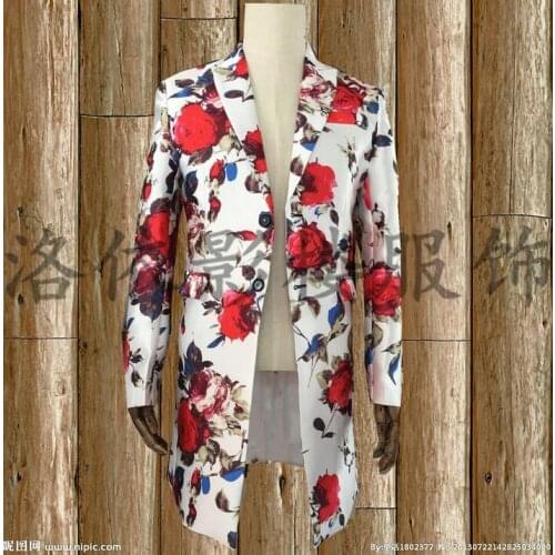 Men Printing Long Coat Bride Groom Wedding Dress Fashion Bar Blazers Slimcostume Suit Nightclub Male Dj Ds Dance Clothes