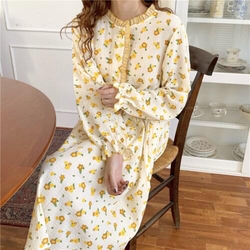 INS Style Long Sleeve Dress Spring Autumn Homewear Nightdress Loose Cotton Sleeping Wear Floral Print Nightgowns For Women