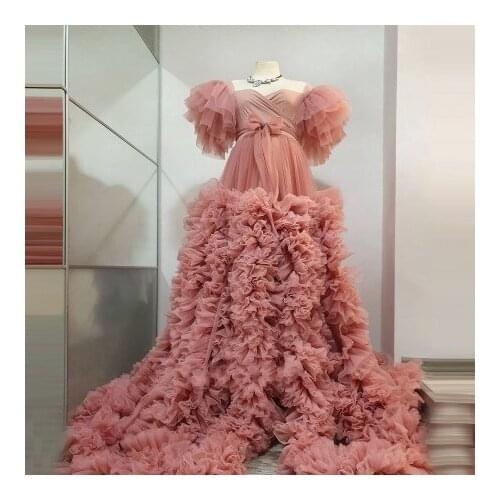 New Designer Extra Puffy Tulle Pregnancy Gowns Short Sleeves Fluffy Sweetheart Front Split With Bow Long Train 2021