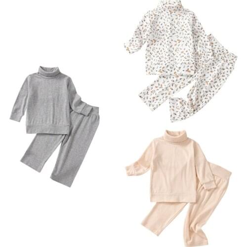 Toddler Baby Girls Clothes Cotton Floral/Solid Long Sleeve Turtleneck T-Shirt Tops Pants Fall Winter Outfits Childrens Clothing