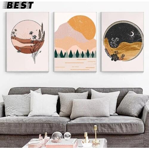 Abstrato queimado laranja arte da parede pintura em tela montanha pôr do sol minimalista vintage inspirado meados do século cart