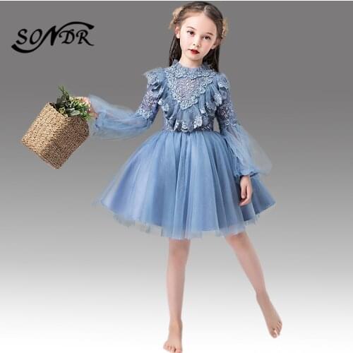 Elegant Blue Flower Girl Dresses HT142 Long Sleeve Appliques Kids Ball Gowns Pearls Lace Girls Primera Comunion Decoraciones